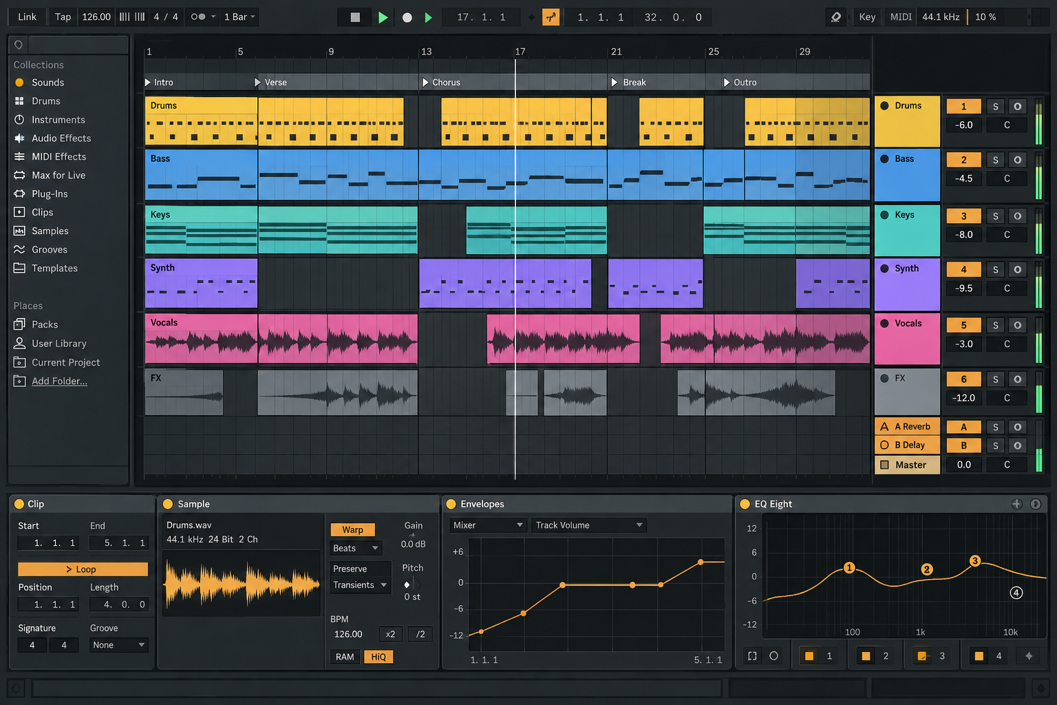 Instructional reconstruction of Ableton Live 12 Arrangement View with clips on a linear song timeline