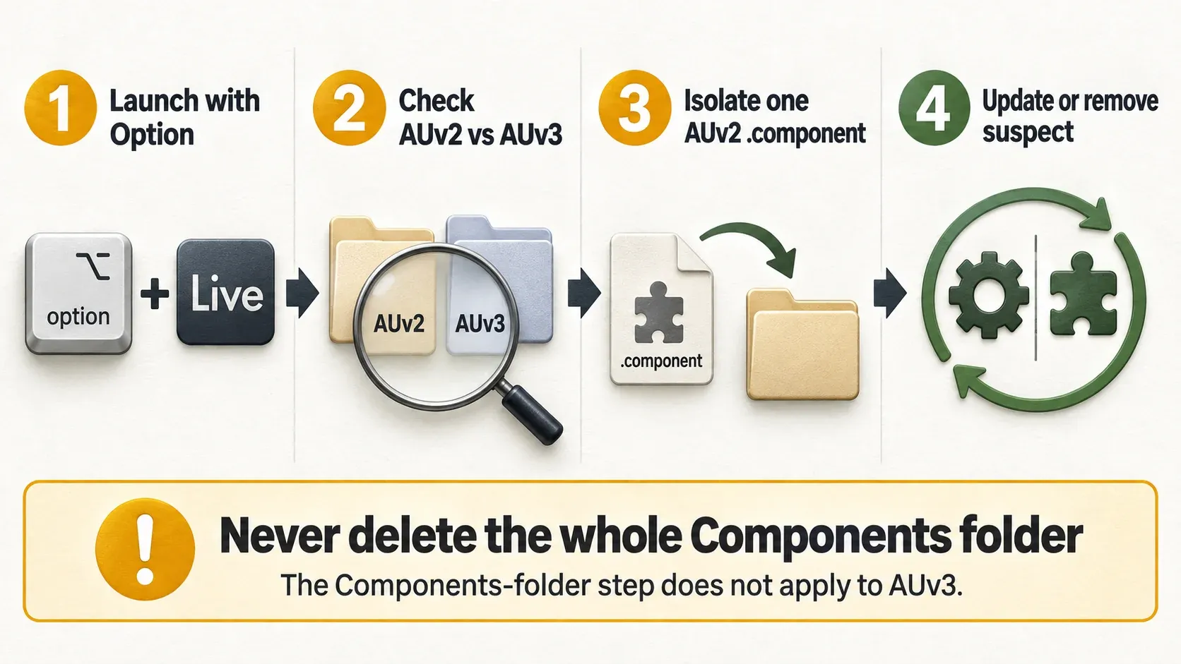 Infographic for AUv2 diagnosis: Option launch, compare AU versions, isolate one component, then consult the vendor; AUv3 excluded from folder step