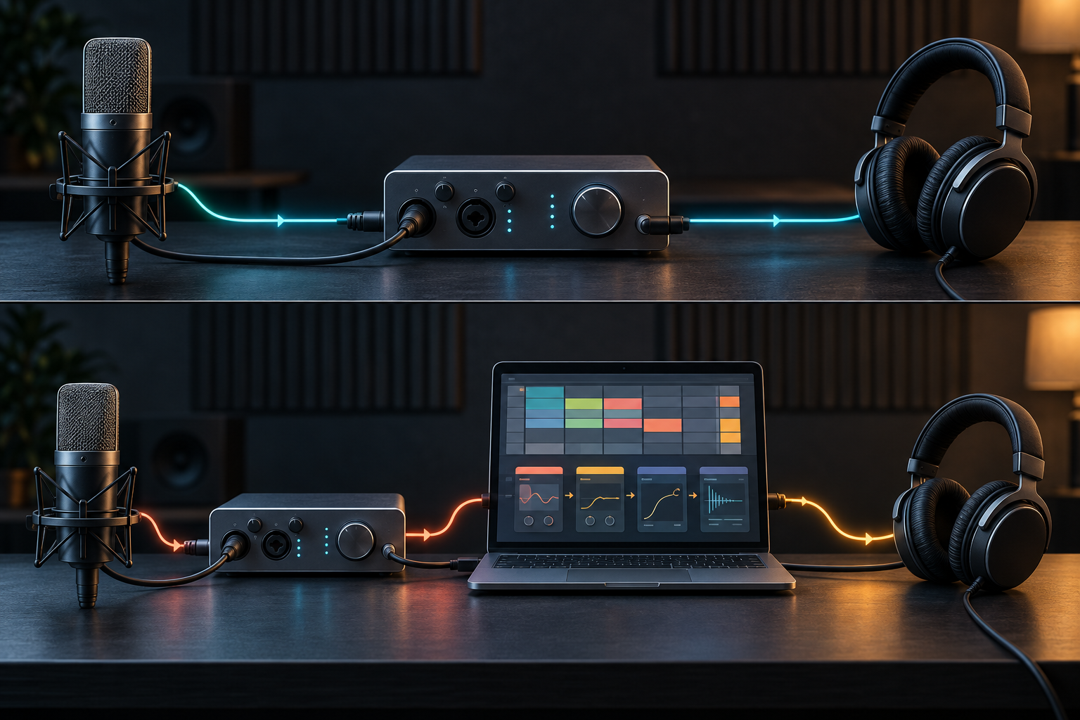 Hardware direct monitoring path compared with a longer path through Ableton Live and back to headphones