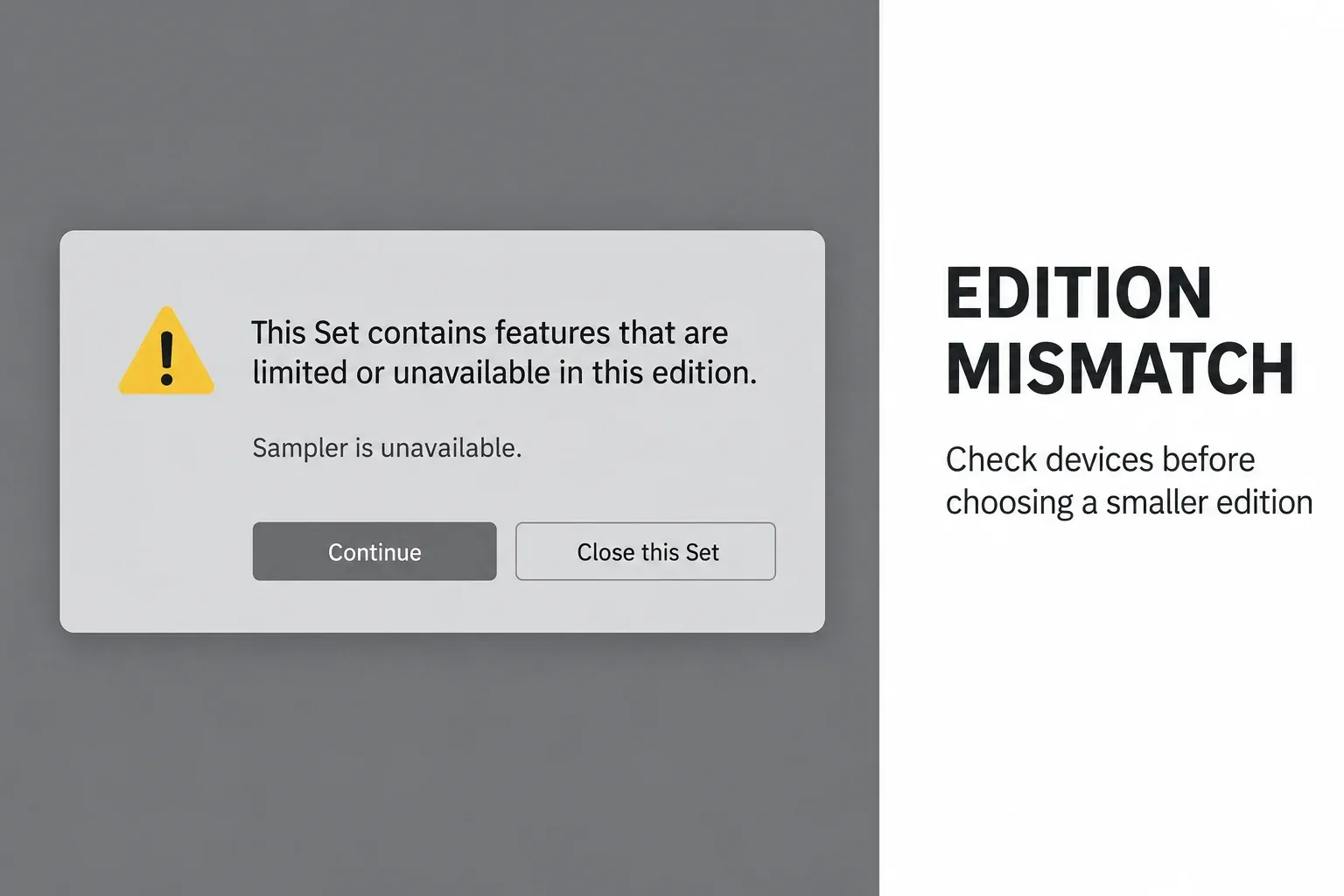 Instructional reconstruction of the Ableton Live warning that Sampler is unavailable in a lower edition