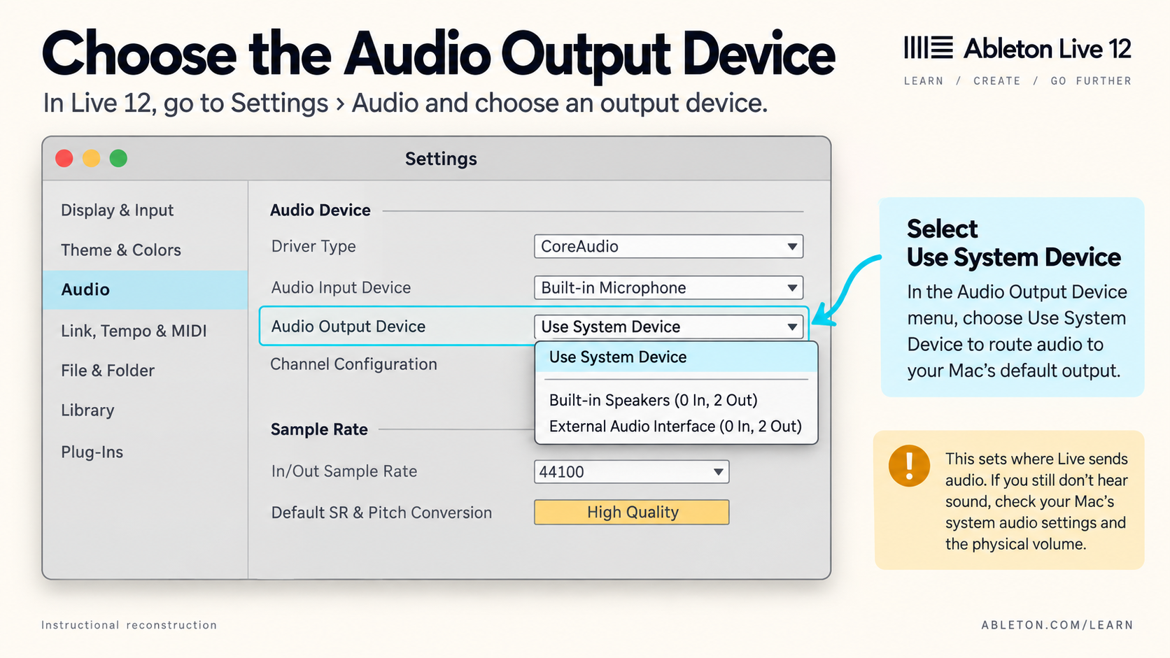 Instructional reconstruction: Ableton Live 12 Audio Settings output device menu for system speakers and interfaces