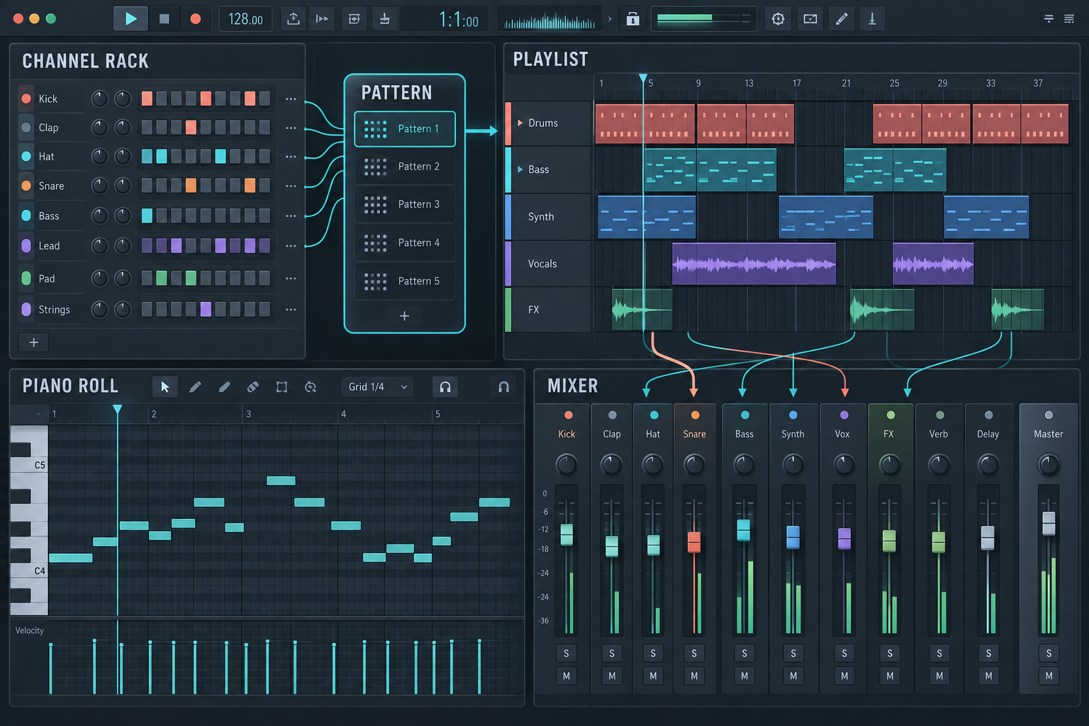 Instructional reconstruction of FL Studio 26 showing Channel Rack, Patterns, Playlist, Piano Roll and Mixer relationships