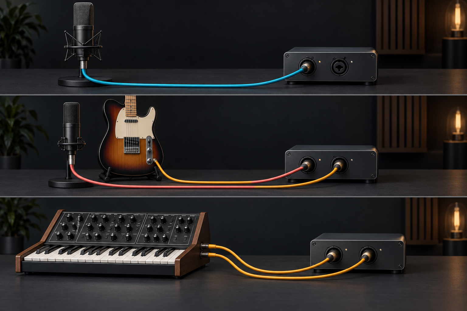 One microphone, vocal and guitar, and stereo synthesizer recording scenarios connected to the required interface inputs