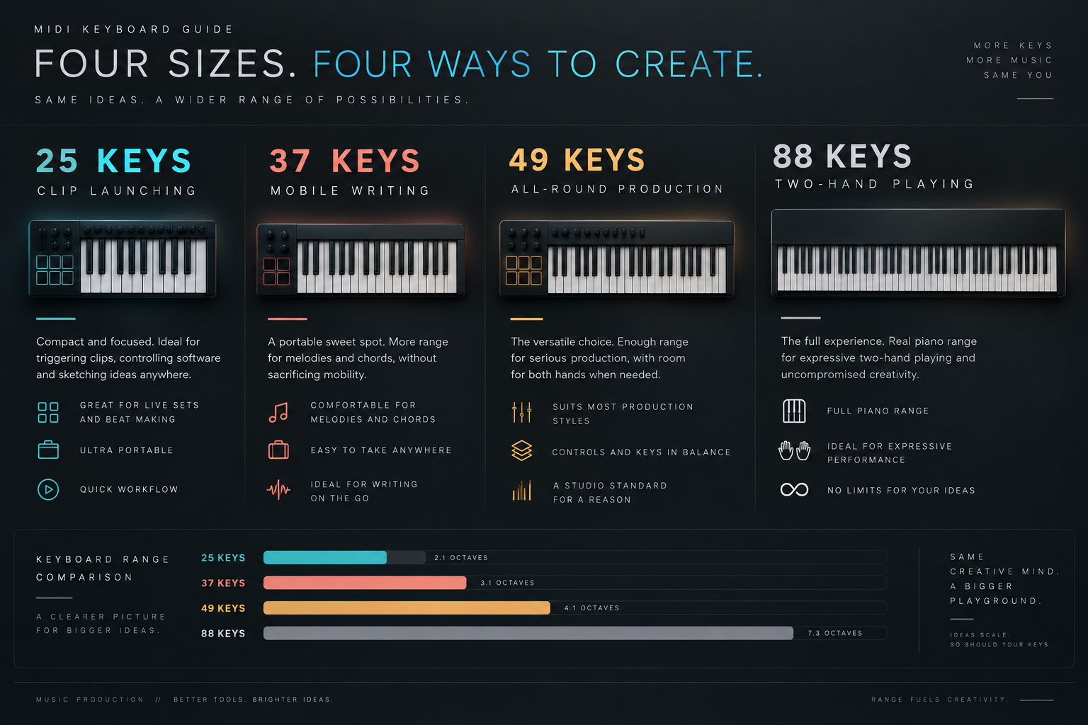 Dark infographic comparing 25, 37, 49 and 88 key MIDI controllers for clip launching, mobile writing, all-round production and two-hand playing