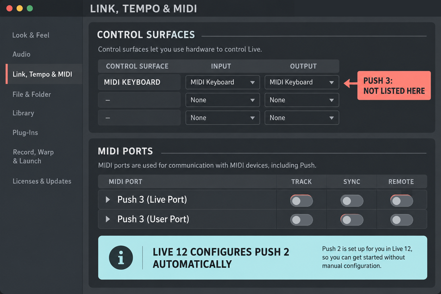 Instructional reconstruction of Live Link Tempo and MIDI settings showing Push 3 Live Port and User Port without a Push 3 Control Surface row