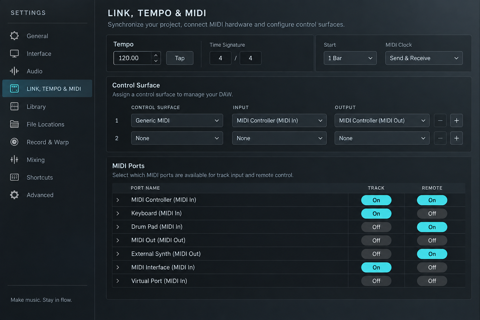 Educational Ableton-like MIDI settings panel showing Control Surface input and output plus Track and Remote switches
