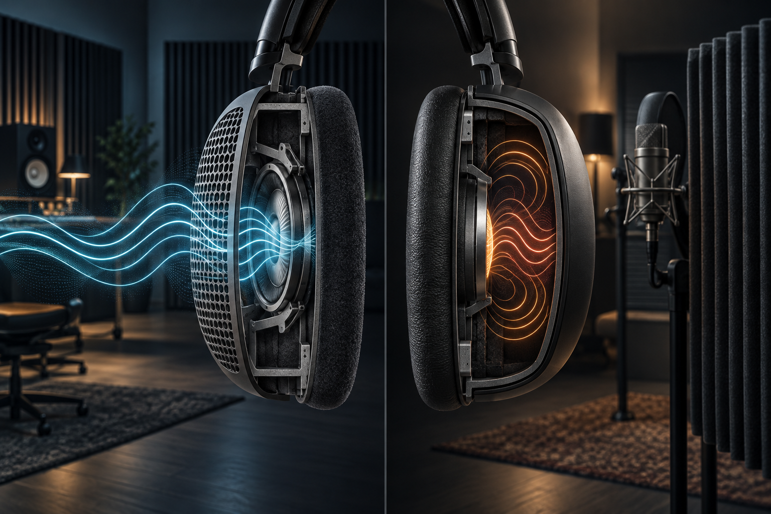 Open-back headphones for mixing in a quiet room compared with closed-back headphones for recording and shared rooms