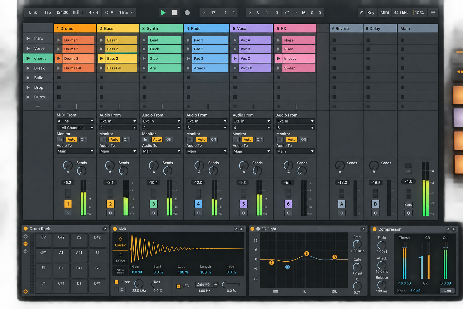 Instructional reconstruction of Ableton Live 12 Session View with vertical tracks, clips and scene launch controls