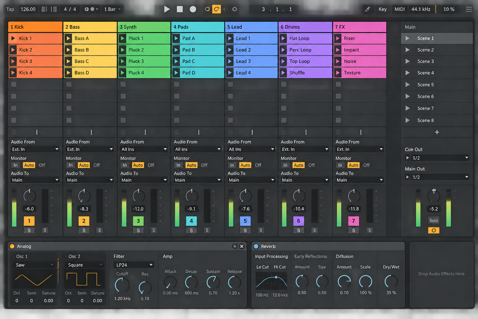 Ableton Live 12 Session View scene with clip columns and scene rows