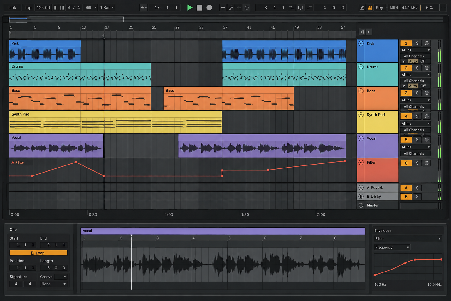 Ableton Live 12 Arrangement View tracks with clips and automation on a fixed timeline