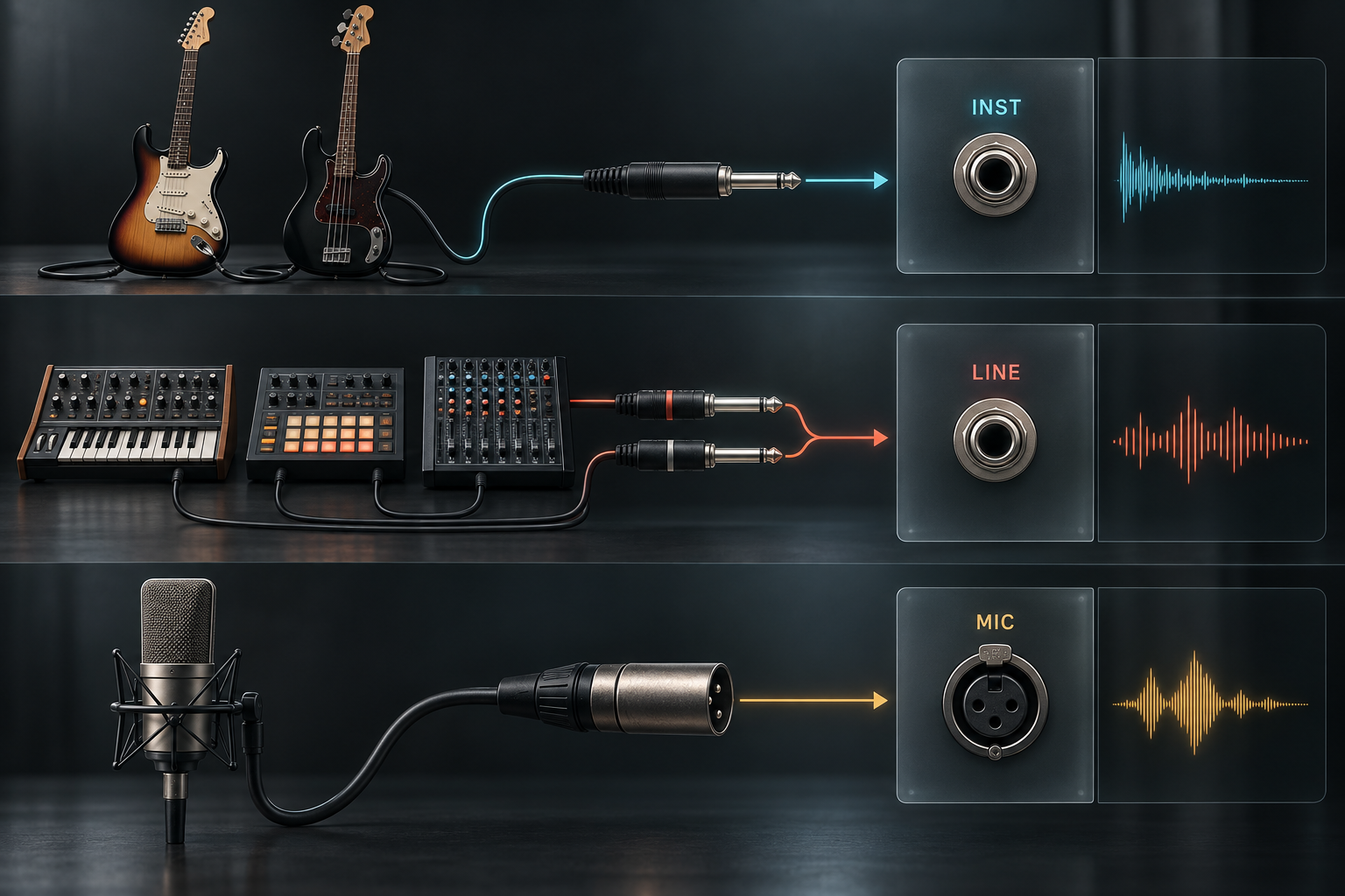 Direct guitar and bass routed to Inst, synthesizer and mixer routed to Line, and microphone routed by XLR to Mic