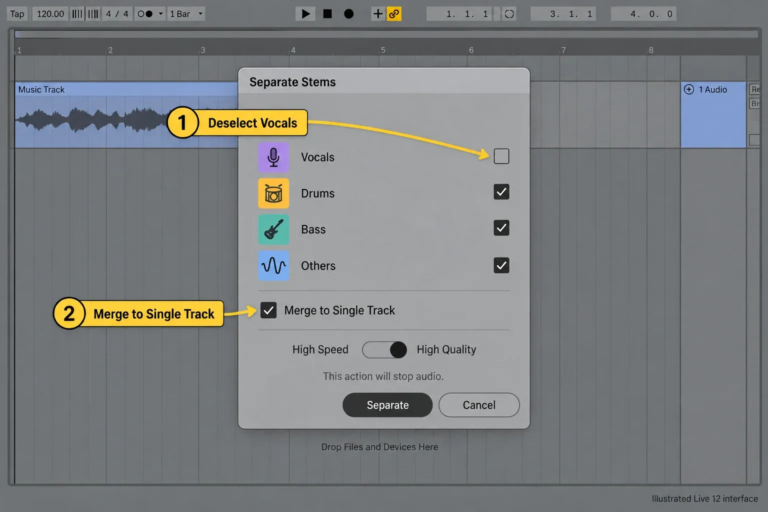 Illustrated Ableton Live 12 Separate Stems dialog with Vocals deselected and Merge to Single Track selected