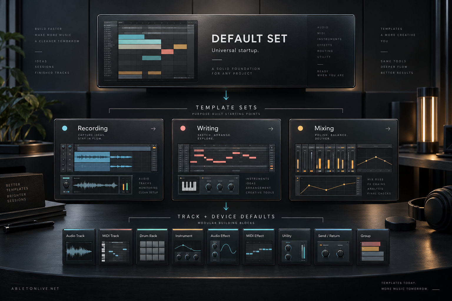 Ableton template hierarchy from one Default Set to workflow Template Sets and smaller track and device defaults