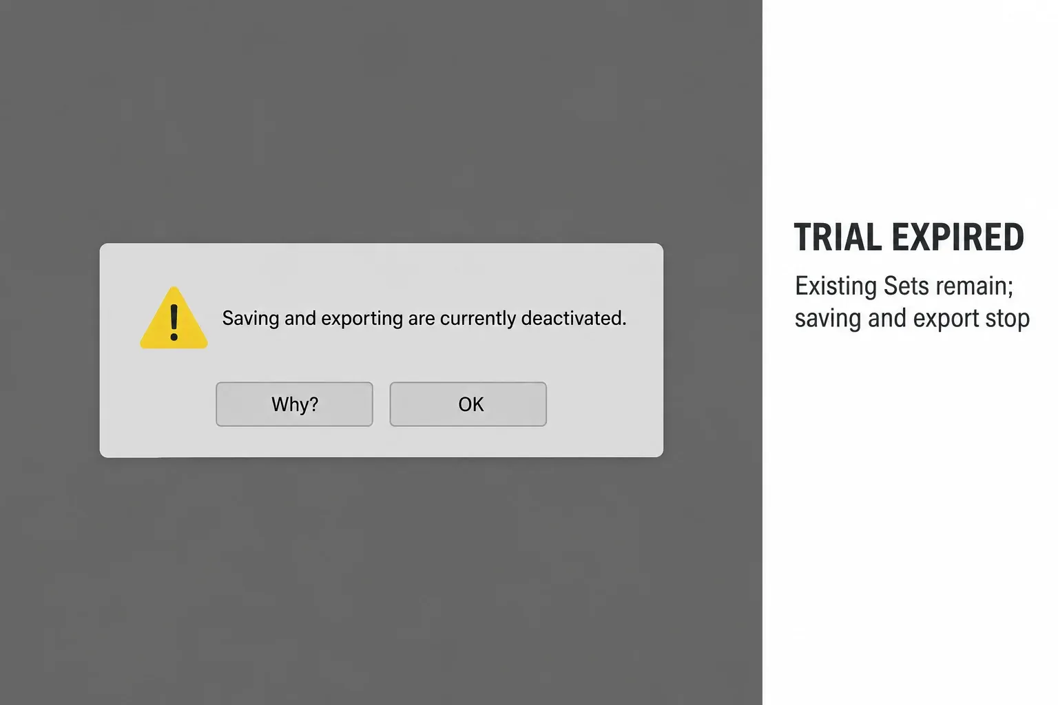 Instructional reconstruction of the Ableton Live warning that saving and exporting are unavailable after the trial expires