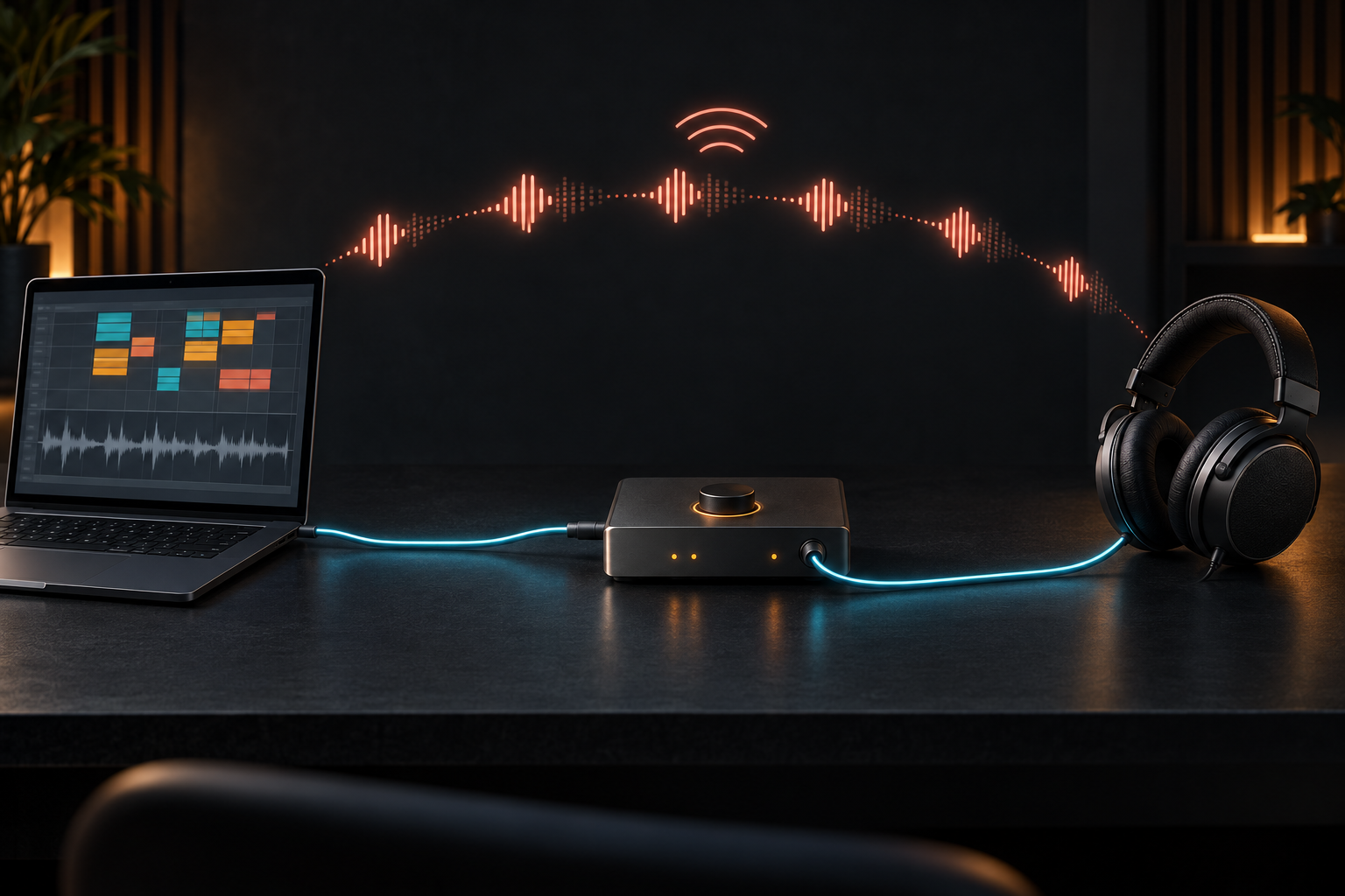 Ableton Live laptop connected to an audio interface and wired headphones with a delayed wireless path shown separately