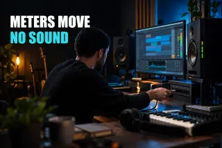 Editorial cover for Ableton Meters Move but No Sound: Trace the Output, created with GPT Image 2.5 Sunburst