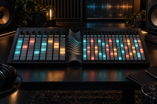 Abstract music-production workstation comparing an eight-lane project with a sixteen-lane project