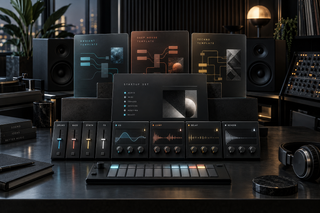 Premium dark studio composition representing Ableton Default Sets, workflow templates and modular track defaults