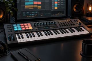 Premium dark studio composition with a four-octave MIDI keyboard, pads, encoders, faders and an abstract clip grid