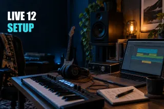 Editorial cover for Ableton Live 12 Setup: Audio, MIDI, Library, First Test, created with GPT Image 2.5 Sunburst
