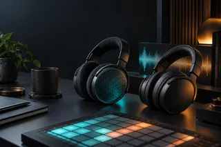 Open-back and closed-back studio headphones beside an abstract music production display