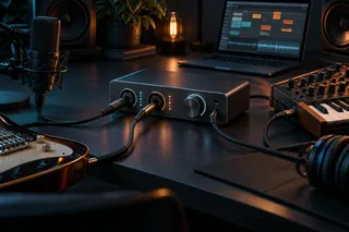 Compact two-input audio interface on a dark studio desk with microphone, guitar and synthesizer connections