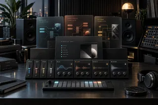 Premium dark studio composition representing Ableton Default Sets, workflow templates and modular track defaults