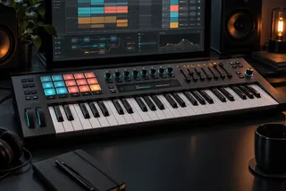 Premium dark studio composition with a four-octave MIDI keyboard, pads, encoders, faders and an abstract clip grid