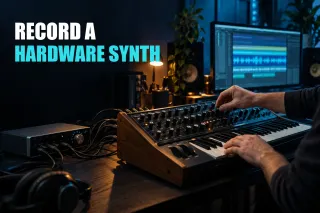 Hardware synthesizer connected to an audio interface in a dark music studio
