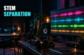 Four color-coded tracks for vocals, drums, bass and other instruments on a studio monitor