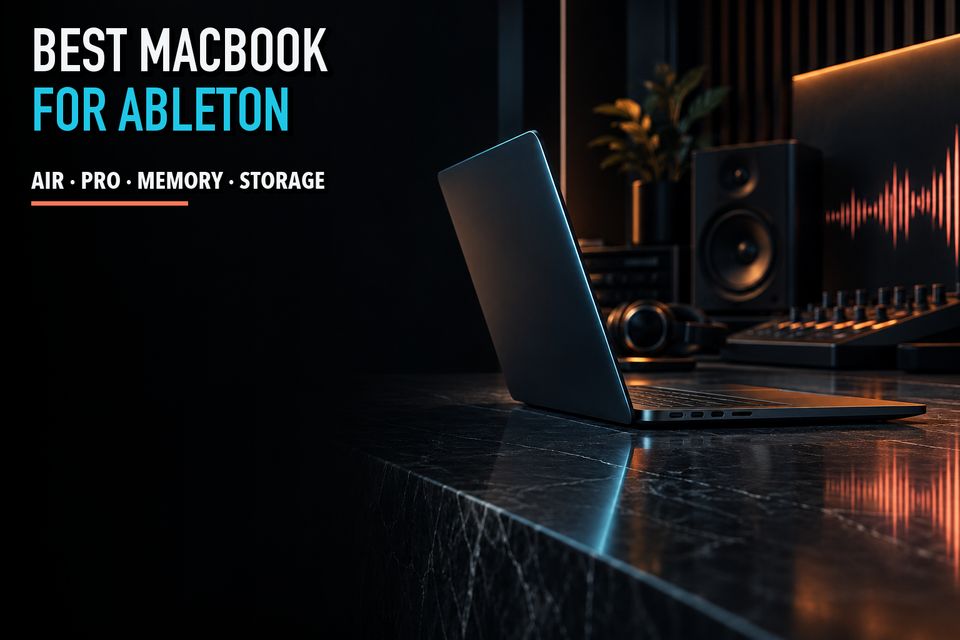 Dark aluminum laptop in a music production studio with a coral waveform