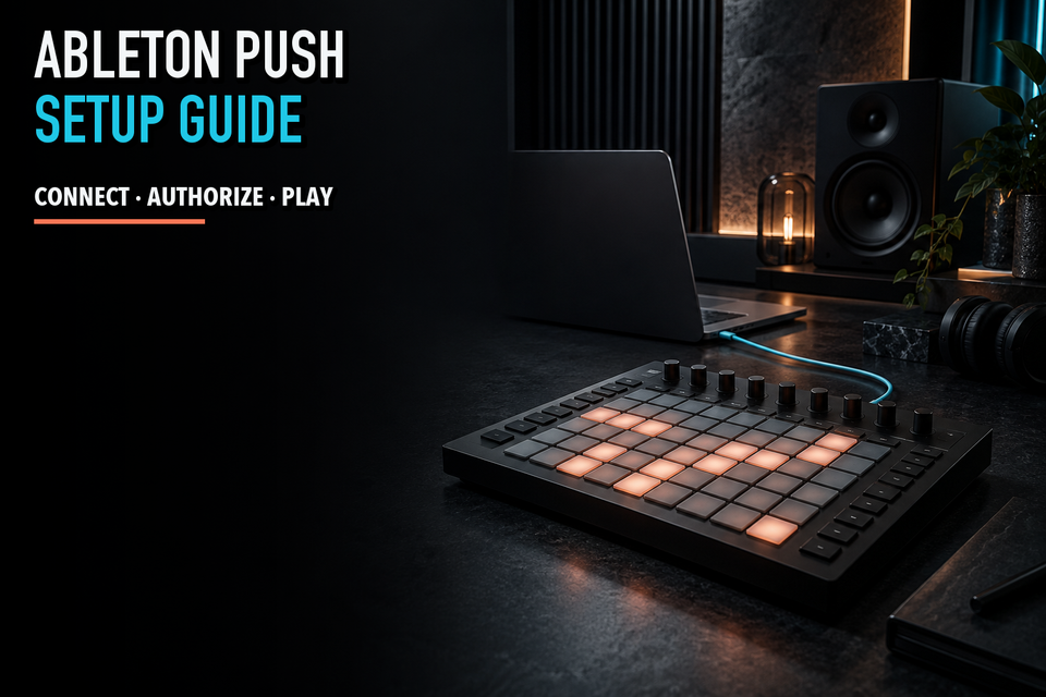 Ableton Push-style grid controller in a dark studio setup