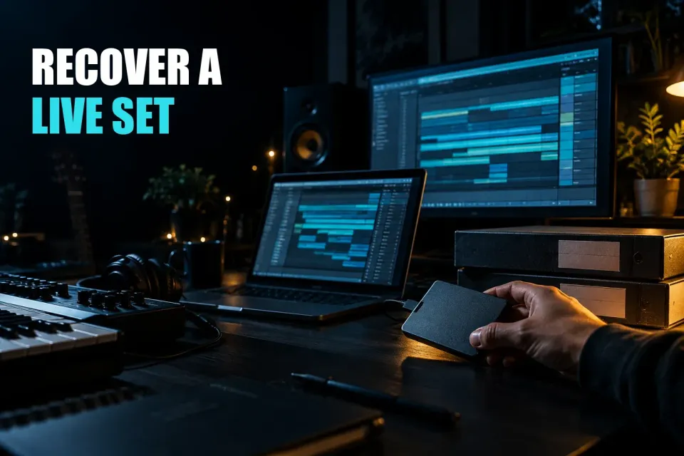 Dark music studio with an active project on the monitor: recovering an Ableton Live Set