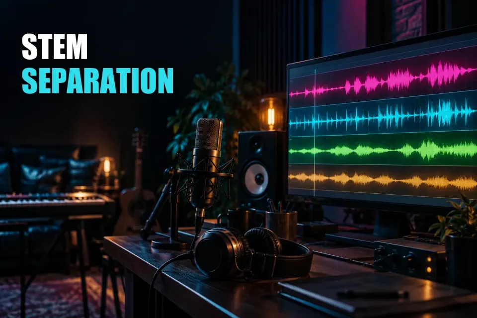 Four color-coded tracks for vocals, drums, bass and other instruments on a studio monitor