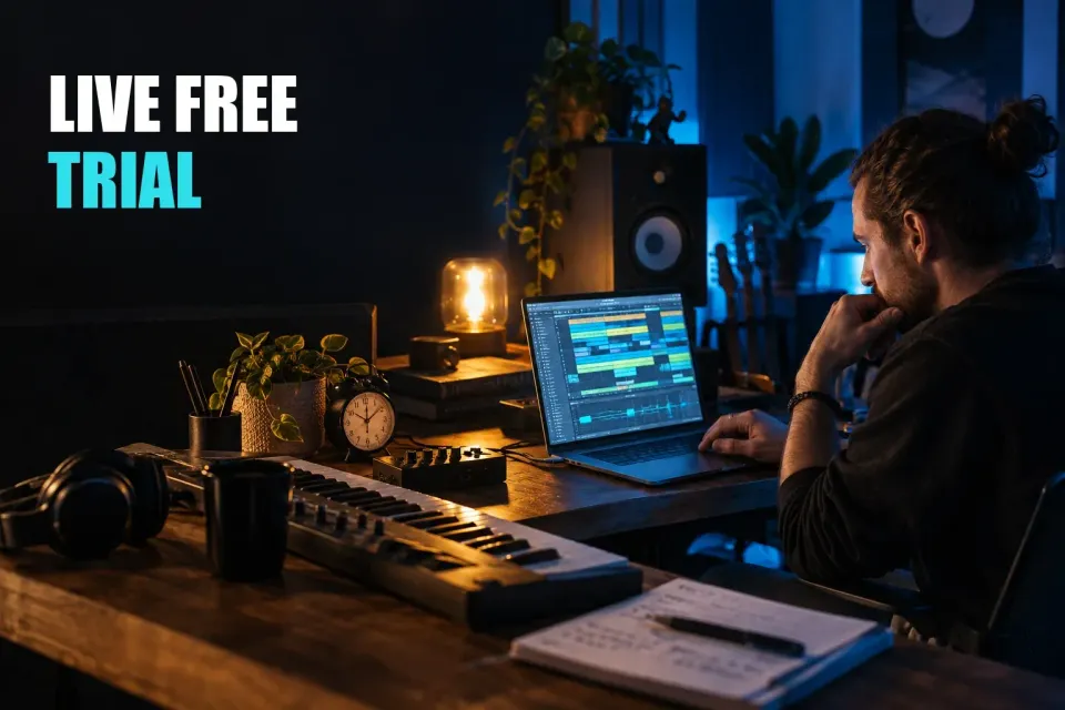 Photorealistic music studio related to the article, styled consistently with AbletonLive.net