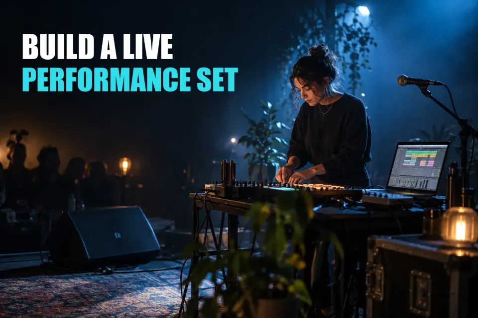 Editorial cover for Build an Ableton Live Performance Set: Scenes, Backing Tracks, Clicks, and Cues, created with GPT Image 2.5 Sunburst