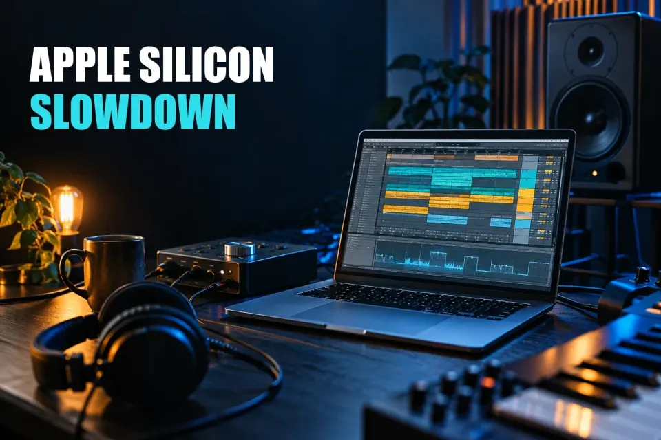 Photorealistic music studio related to the article, styled consistently with AbletonLive.net
