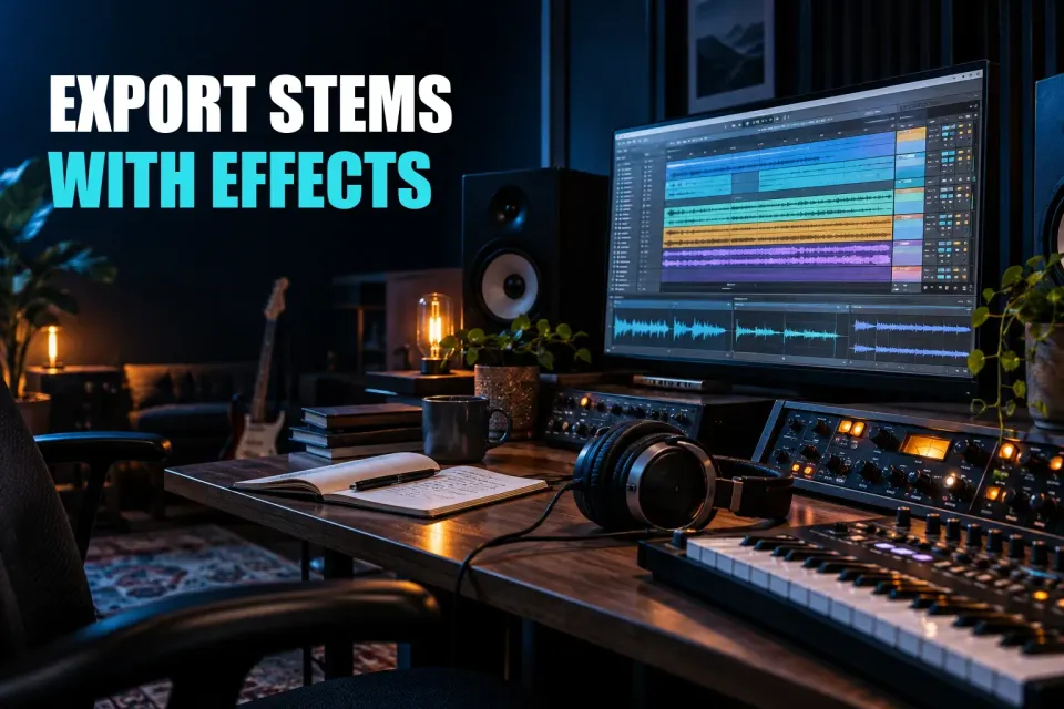Editorial cover for Export Stems from Ableton Live With Effects and Returns Intact, created with GPT Image 2.5 Sunburst
