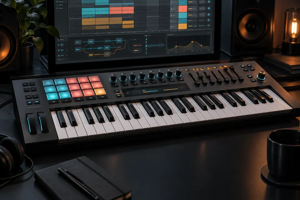 Premium dark studio composition with a four-octave MIDI keyboard, pads, encoders, faders and an abstract clip grid