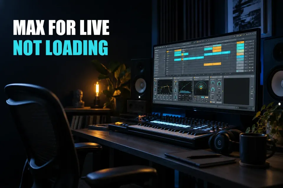Photorealistic music studio related to the article, styled consistently with AbletonLive.net