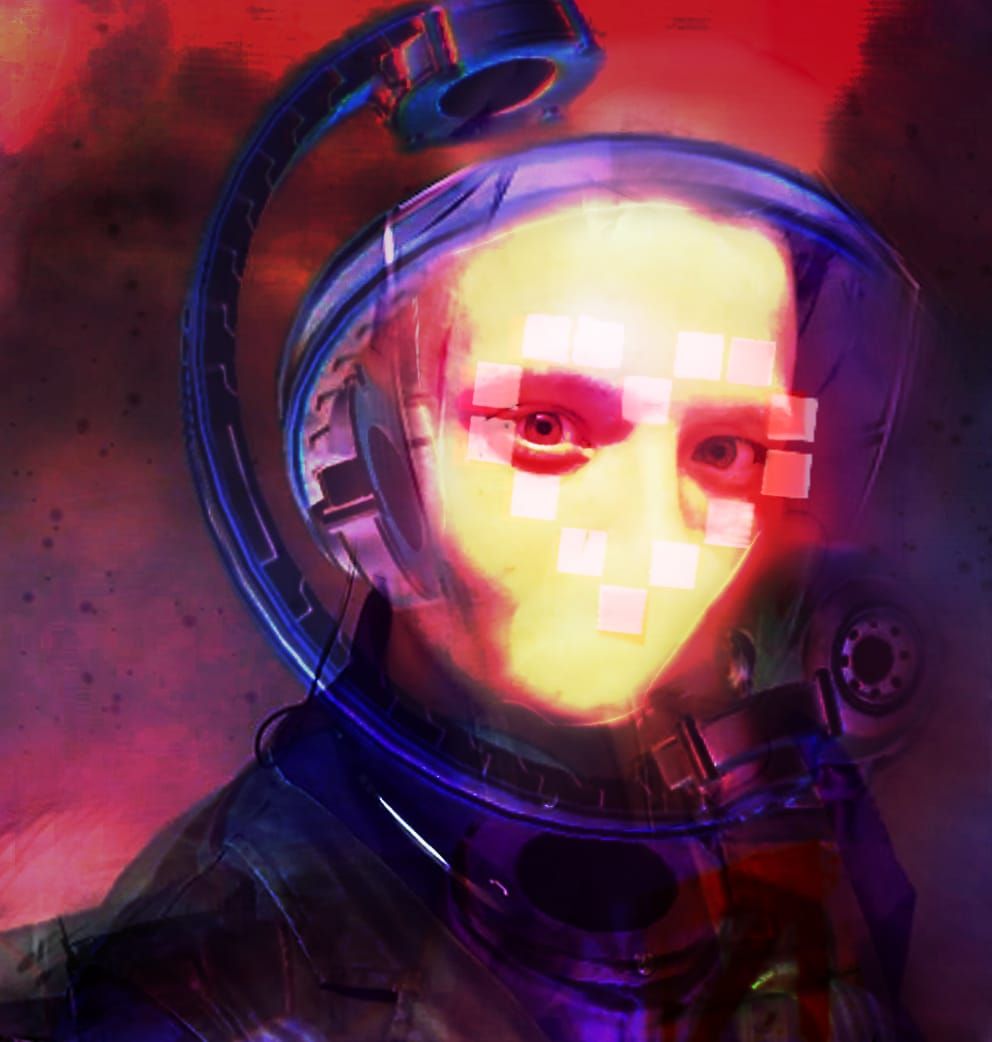 Photoshop digital art featuring a pale face inside a space helmet, with a pixelated heart superimposed over the face.