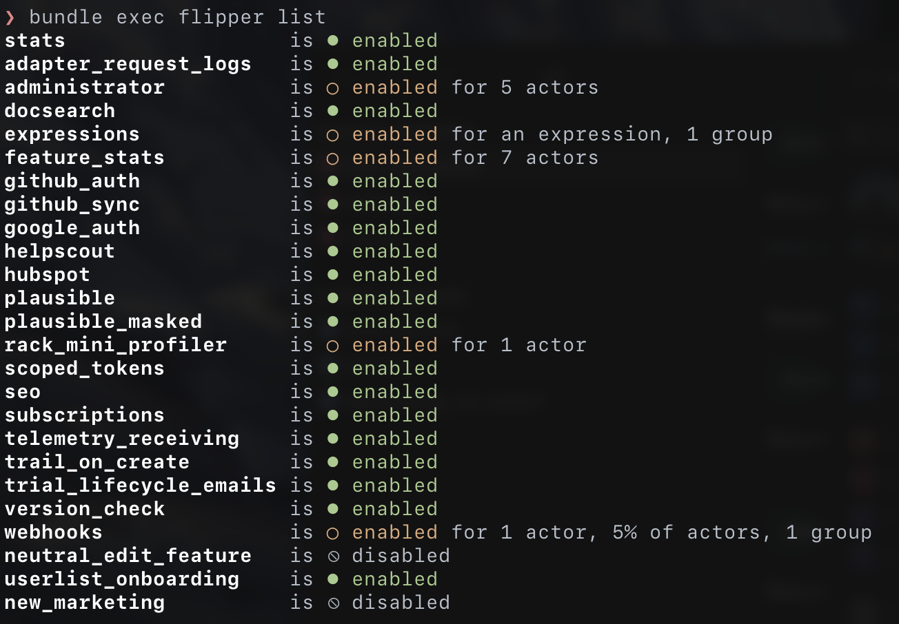  $ flipper list showing features in my personal development environment on Flipper Cloud