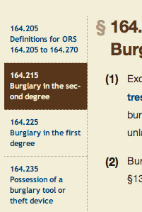 Partial Listing of Oregon Burglary Statutes