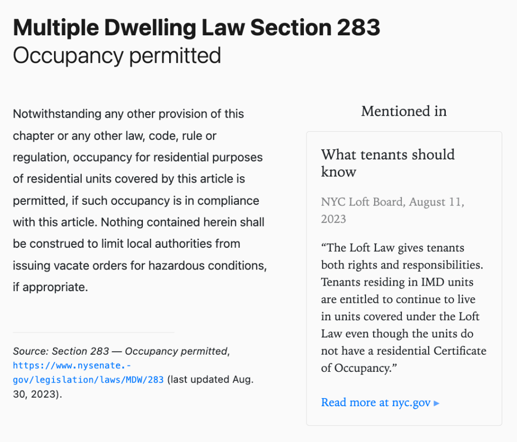 Screenshot of NY Multiple Dwelling Law Sec. 283, showing a link to NYC.gov.