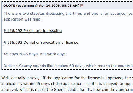 Web screenshot Forum discussion about concealed handgun license application procedures
