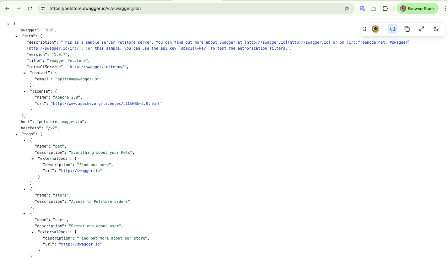 Browser window showing Swagger JSON for Petstore API (version 2.0) with details on info, license, host, basePath, and tags for pet, store, and user.