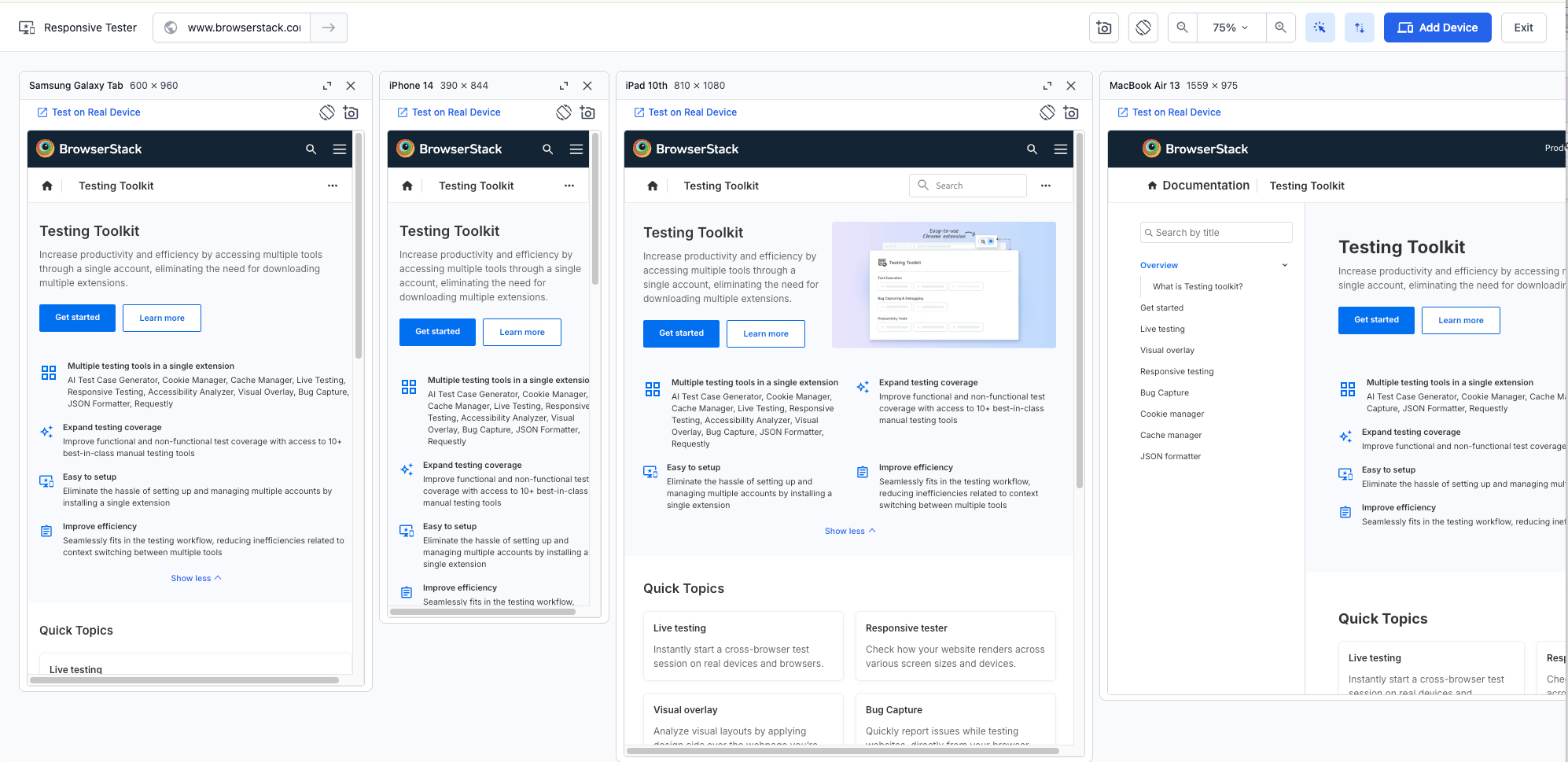 BrowserStack Testing Toolkit is a Chrome extension that brings 10+ manual testing tools—like cross-browser live testing, responsive checks, accessibility analyzer, bug capture, AI test case generation, cookie/cache management, and more—into one place. It streamlines setup, expands test coverage, and reduces context switching, helping teams test faster and more efficiently.