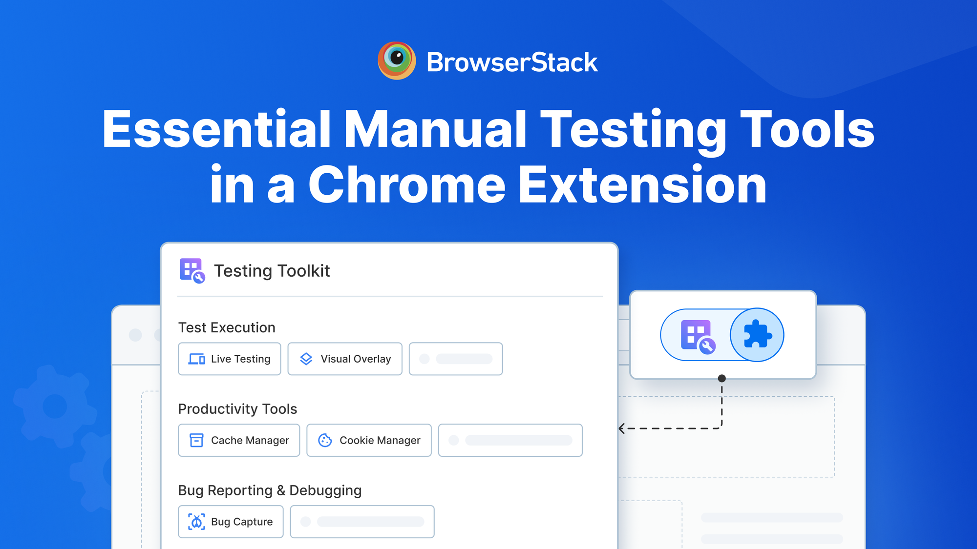 BrowserStack Testing Toolkit interface showing test execution, productivity, and bug capture.