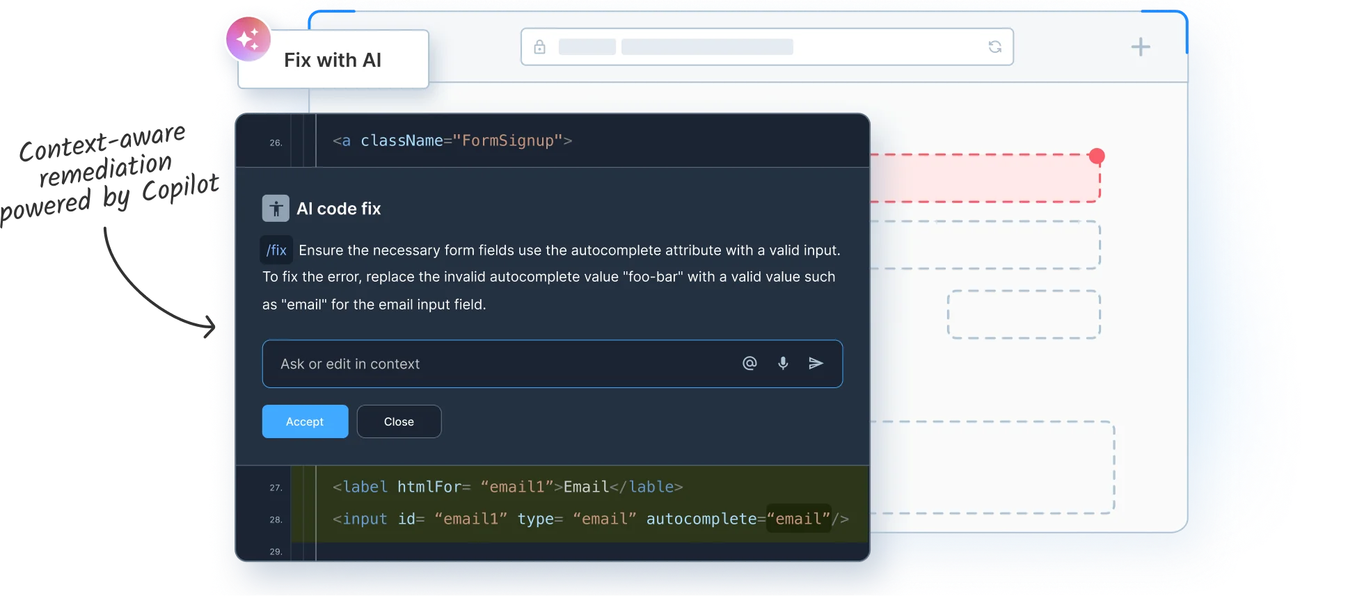 AI suggesting and applying accessibility fixes to form fields in code editor