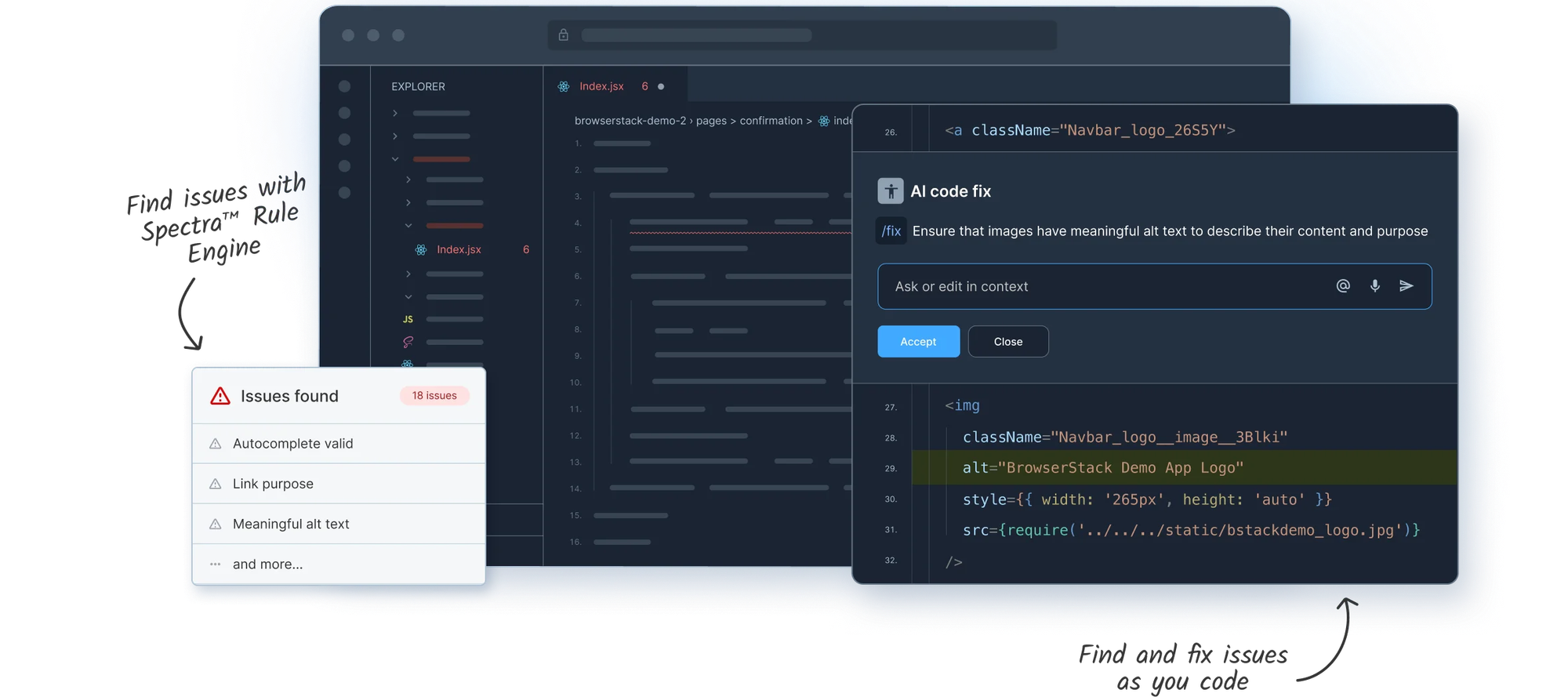 IDE showing AI-powered accessibility fixes and issue detection”